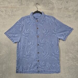 Tommy Bahama Blue Silk Shirt Mens M floral‎ Palm Print washed fade look Hawaiian